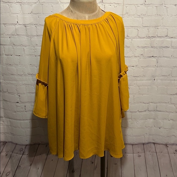 Eloquii Tops - Eloquii Mustard Yellow Bell Sleeve Ruffle Blouse Plus Size 18 Crepe Top